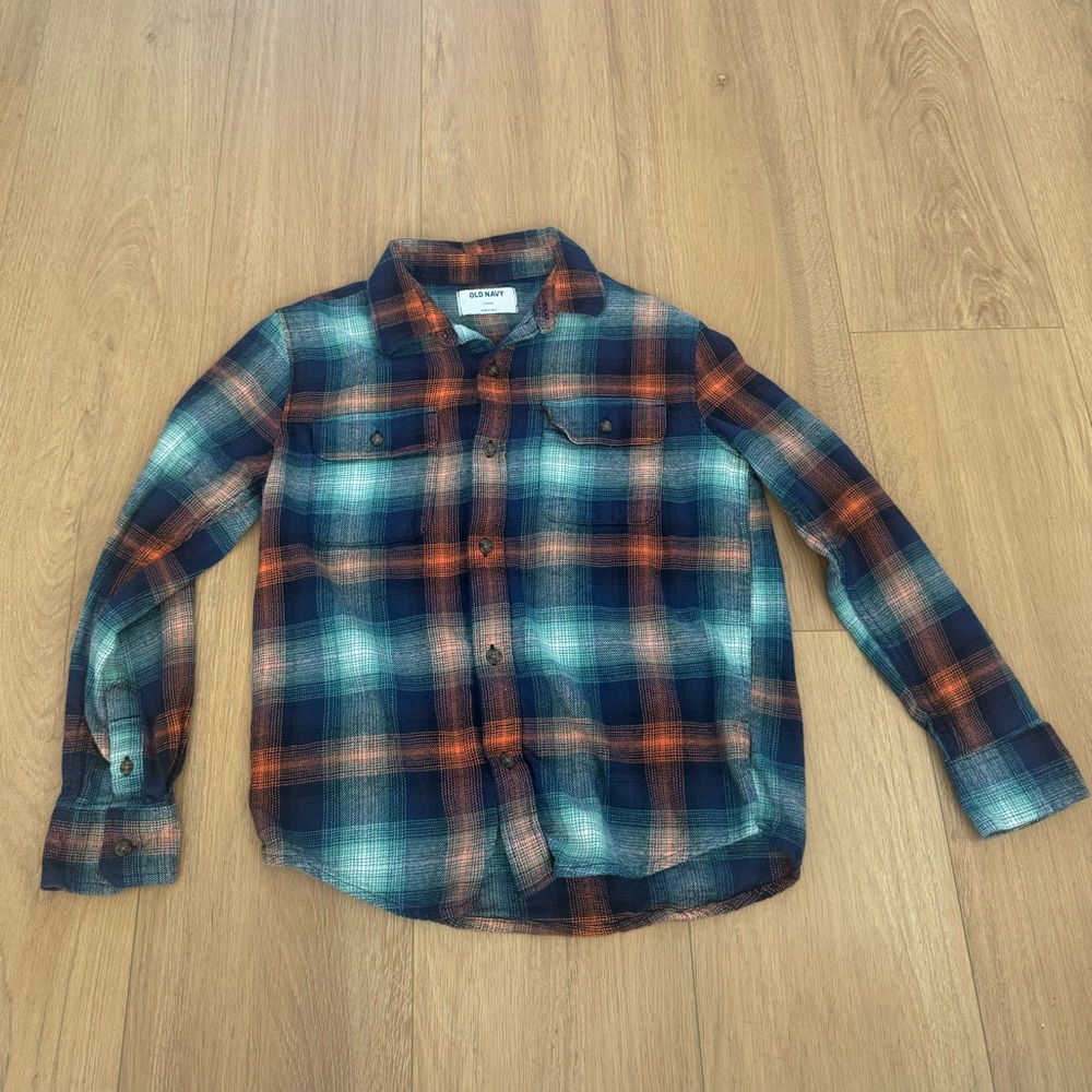 Old Navy Boys Navy, Orange & Teal Plaid Pocket Button Down Flannel Shirt